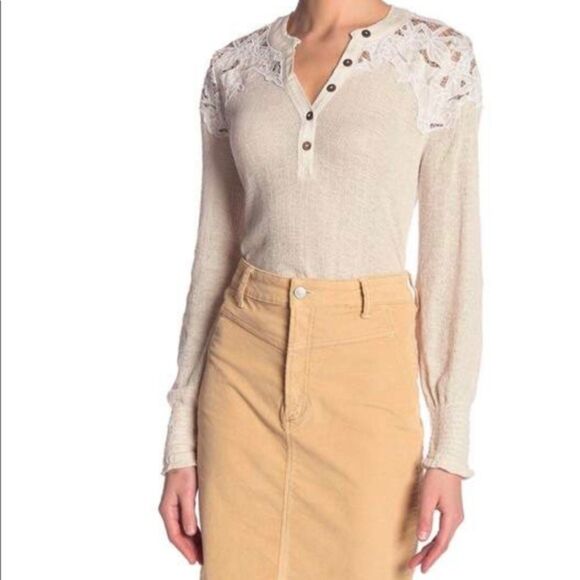 Free People Easy Breezy Thermal Henley Off White Small Lace Boho Long Sleeve - Picture 1 of 12